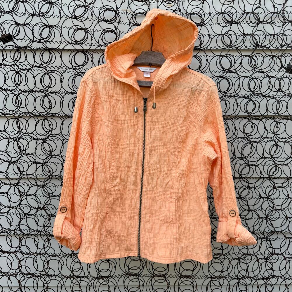 Christopher & Banks Orange Seersucker Roll Sleeve Zip Up Hooded Jacket MEDIUM